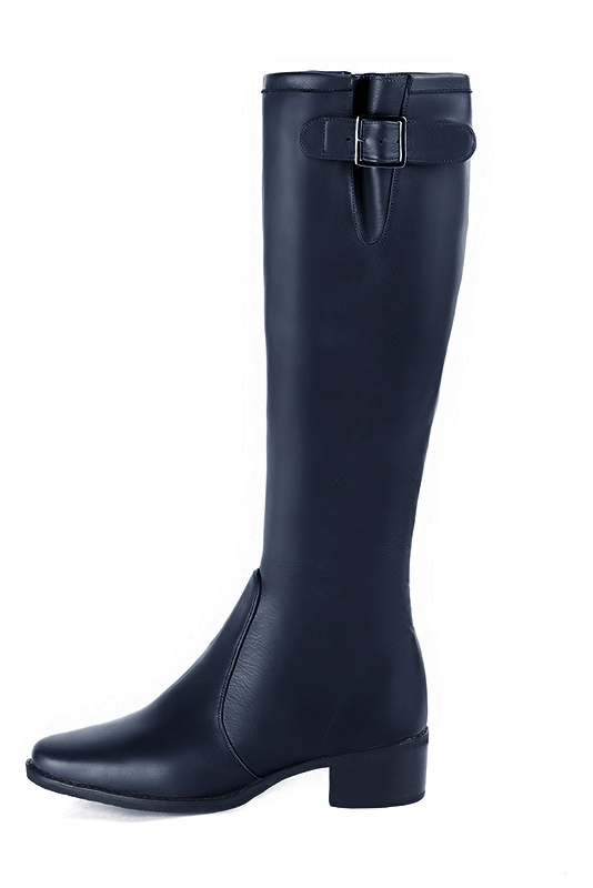 Navy blue women's knee-high boots with buckles. Round toe. Low leather soles. Made to measure. Profile view - Florence KOOIJMAN